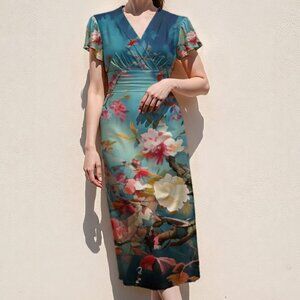 Blue Tropical Bird Short Sleeve Dress Asian Ombré Peony Floral Size Medium